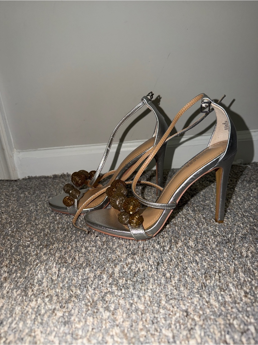 Express Silver T-Strap Stiletto Sandals with Amber Bead Detail (NWOT)